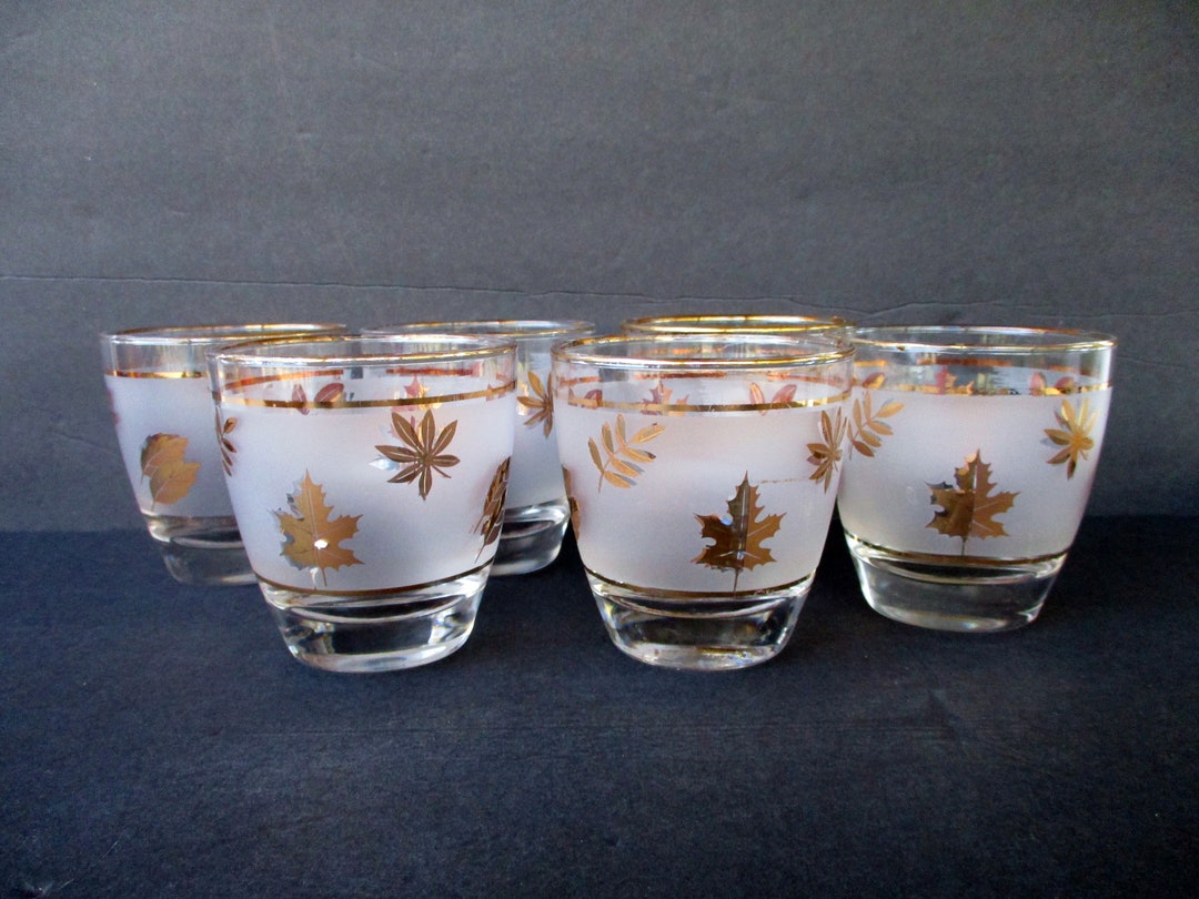 Vintage 6 Gold Leaves and Rimmed Whiskey Glasses,8 Oz Tumblers Made by ...