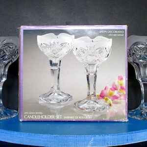 Dos candelabros vintage FOSTORIA de cristal transparente con 24 % de plomo, de 17 cm de diámetro, fabricados en Alemania.