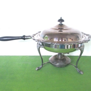 Vintage Silver Plate Chafing Dish with Stand and Oil Burner,Dish with Lid and Wooden Handle by Webster Wilcox Silver Co.