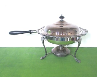 Vintage Silver Plate Chafing Dish with Stand and Oil Burner,Dish with Lid and Wooden Handle by Webster Wilcox Silver Co.