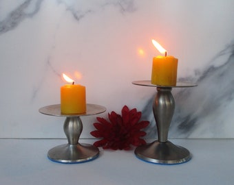 Vintage Set of 2/two/Metal candle holders,4.5"and 2.75" T Stainless candle holders,up to 3"pillar candle,