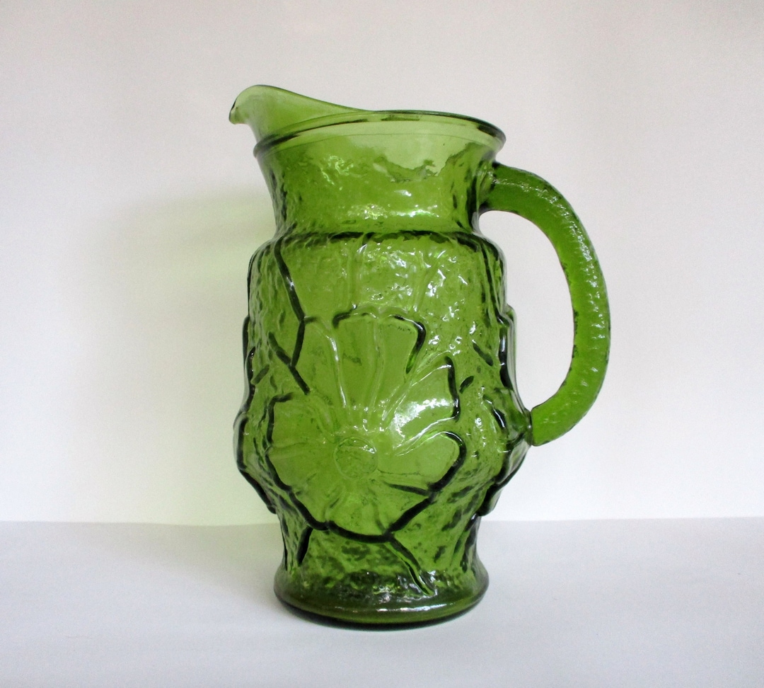 Vintage Green Glass Pitcher With Ice Lip,64 Oz Floral Embossed Glass by