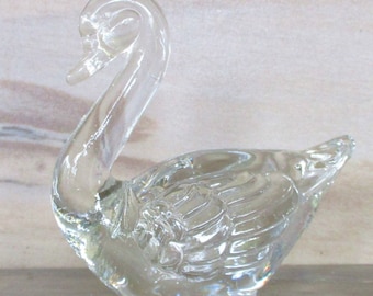 Vintage Clear Glass 4" T Swan Figurine,Glass Bird Sculpture,Shelf Decor,Collectibles Bird Figurine