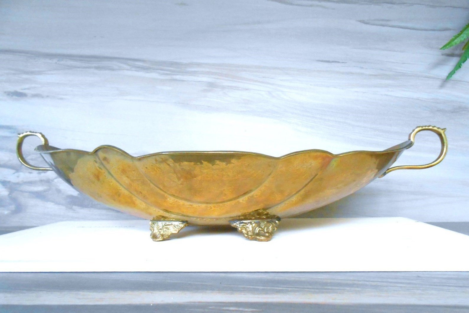 Vintage Large Brass Decorative Bowl Oval Footed Bowl With Etsy