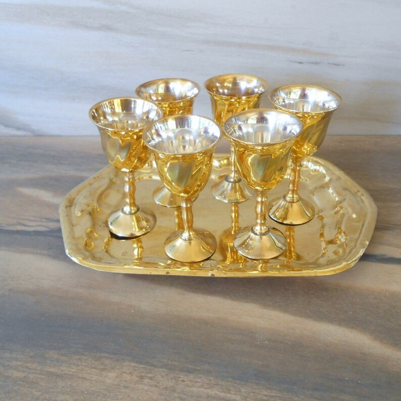 Vintage Brass Shot Glasses and Tray6 Brass Stemmed Cordials Etsy