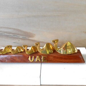 Brass Camel Family,5 Brass Sitting Camel on Wood,Paperweight,Office Decor,Desk Decor,Gift from UAE