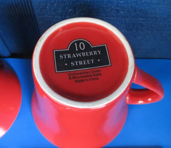 Vintage set of 2 red ceramic coffee,tea mugs with square saucer,"10  Strawberry Street" bright red 8 oz ceramic mugs 3.5" H