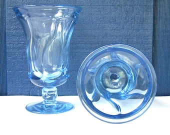 Vintage 2 Blue Glass Goblets,6"H Beverages Glasses,8 oz Water Glasses,Round pedestal,Fostoria Virginia Goblets,