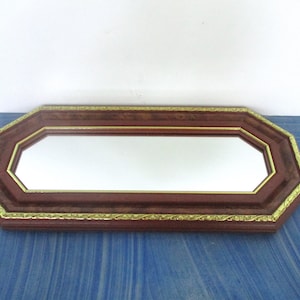Vintage Wall Hanging Mirror,Brown Wood Mirror,18.25&quot;x8&quot; Frame, Octagon Mirror, Rectangle Mirror,Vanity Mirror,