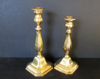 Vintage 2 Heavy  Brass Candlesticks,11.5" and 10" T Candle Holders on Square Bases, Decorative Taper Candle Holders