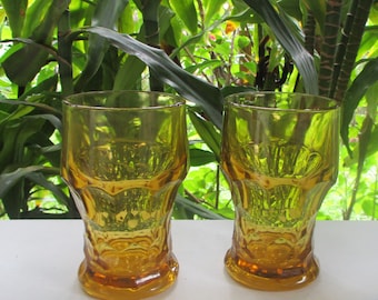 Vintage 2 Yellow Glass Beverages Tumblers,Georgian Honeycomb Heavy Glasses,10 oz  Yellow Glasses,Water Glasses 5" Tall