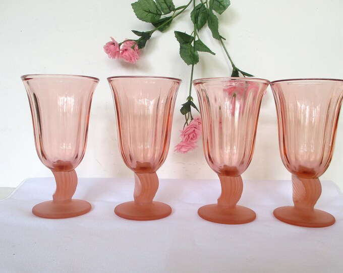 Vintage 4 Pink Glass Goblets With Frosted Glass Shell Stem7 Etsy