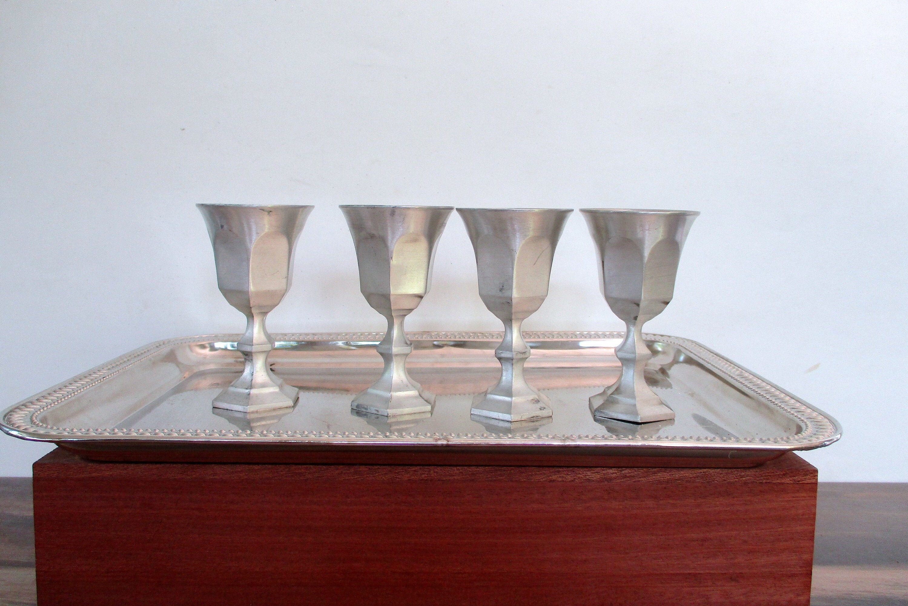 Vintage Leonard Pewter Shot Glasses, Hexagon Base, Made in Japan