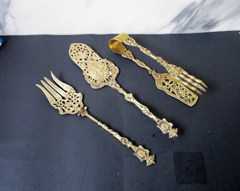 Vintage Brass Serving Utensils,Baroque Design,Ornate Serving Set of 3,Fork,Cake Server, Bird Claw Meat Tongs, Made in Italy,