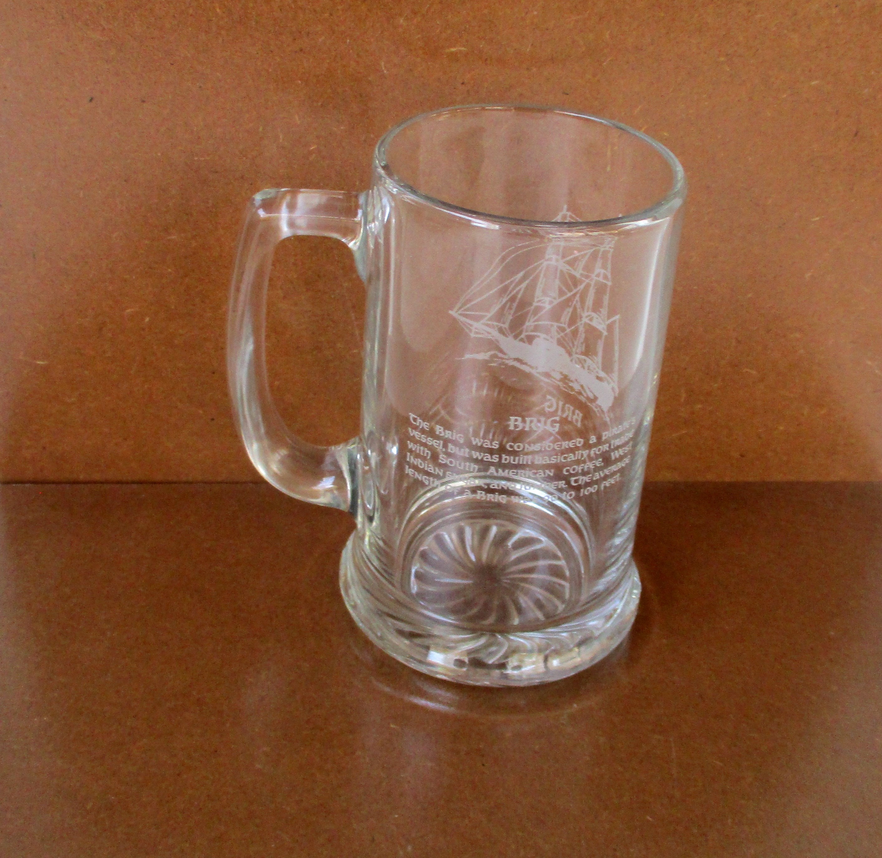Vintage Glass Mug Etched Schooner Boat Large Clear Glass Stein