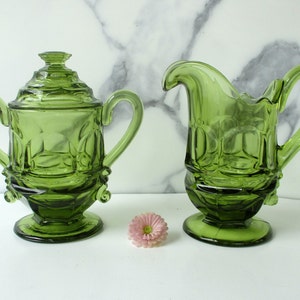 Vintage  Fostoria green glass sugar bowls & Creamer,HFM Henry Ford Museum