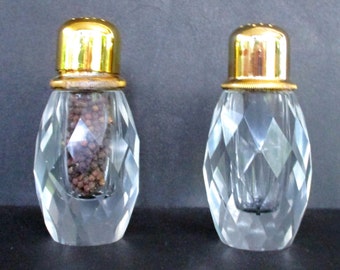 Vintage Hand Cut Lead Crystal Pepper Mill and Salt Shaker with Gold Plated Cups,Made in Japan by Post House