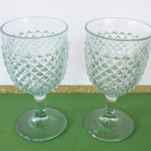 Vintage Light Green Glass Goblets, 8 oz Two Morning Dew Glass Water Goblets in Diamond Point design/6.25&quot; T/