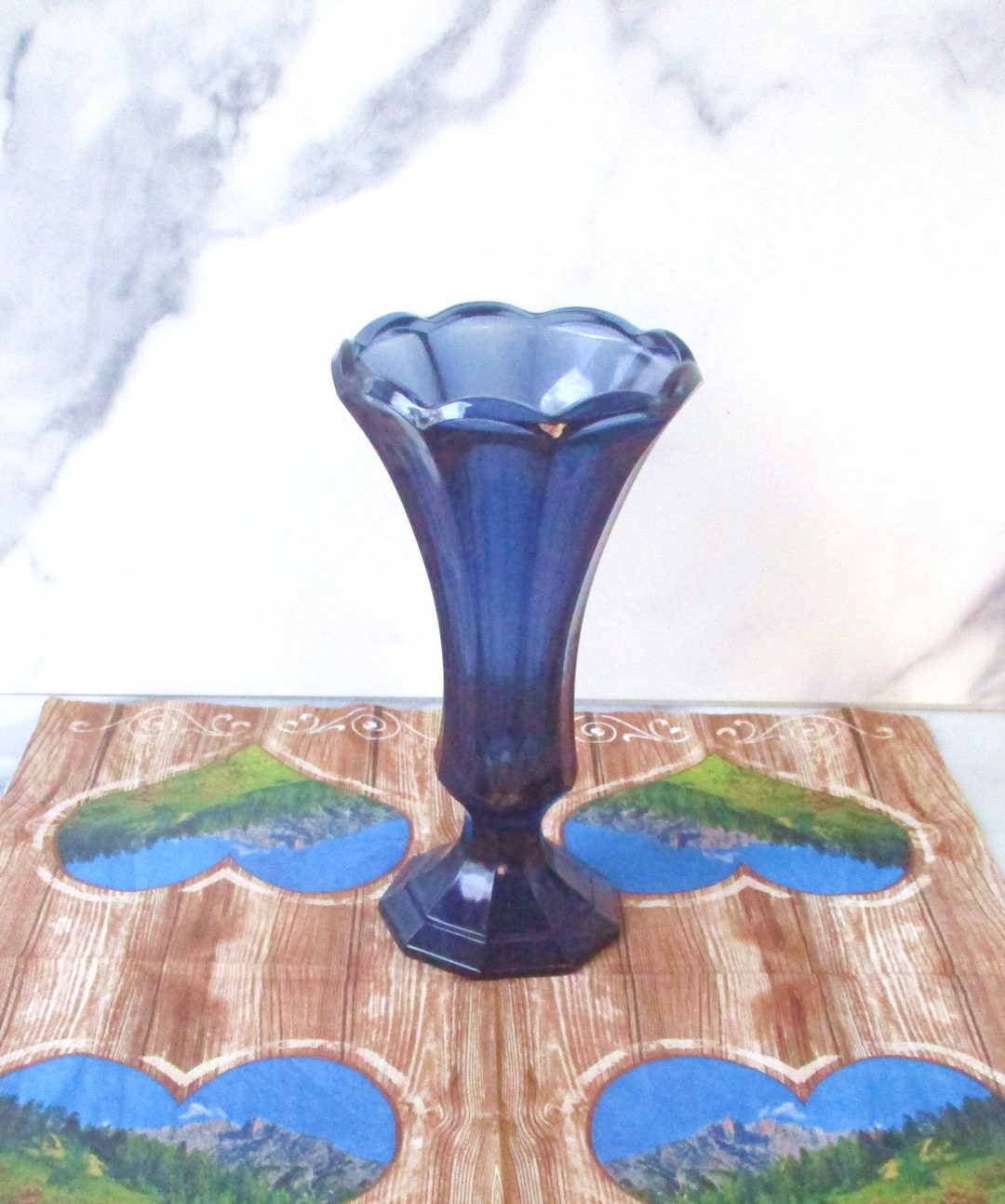 Vintage Dark Blue Glass Vase in Goblets Shape,6.75 T Vase With