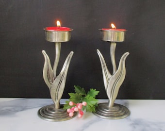 Vintage Set of 2/two/metal candle holders,5.5"T tealight candle holders,Made by Brassbell Co 1996,China