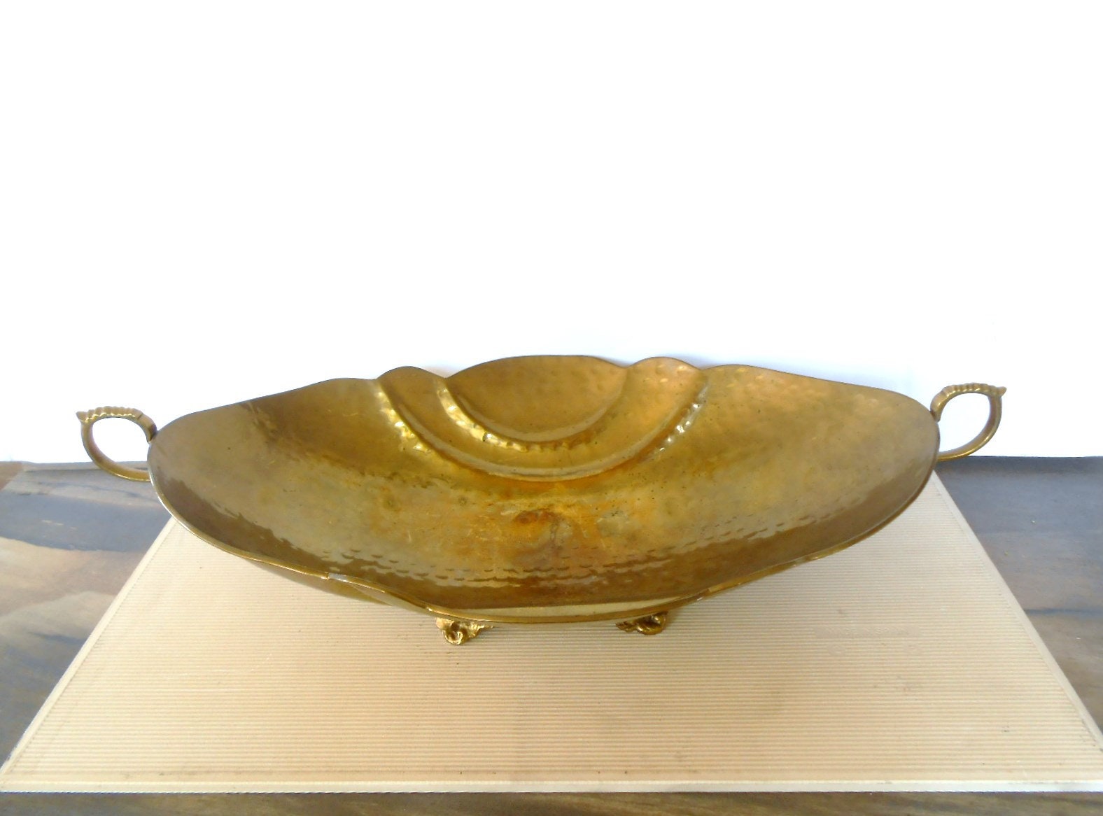 Vintage Large Brass Decorative Bowl Oval Footed Bowl with Etsy