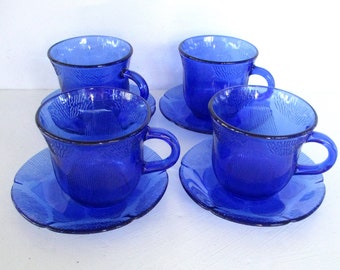 Vintage Cobalt Blue Glass Mugs with Saucer, Set of 4 Fortecrisa Mexico Glass Coffee or Tea Cups, 8 oz Mugs,Punch Cups,