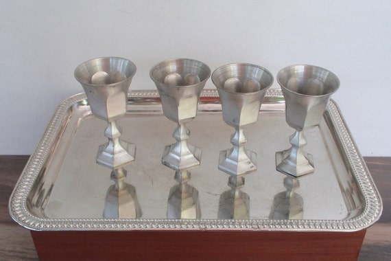 Vintage Leonard Pewter Shot Glasses, Hexagon Base, Made in Japan
