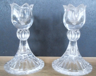 Vintage Clear Glass Candlesticks,Pair Cut Glass Candle Holders Tulip Shape,Dinning Table Decor/4.5"/