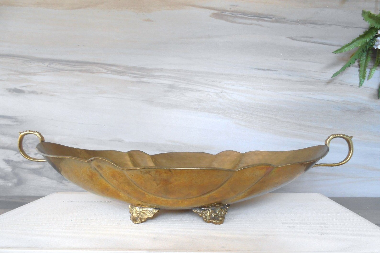 Vintage Large Brass Decorative Bowl Oval Footed Bowl With Etsy