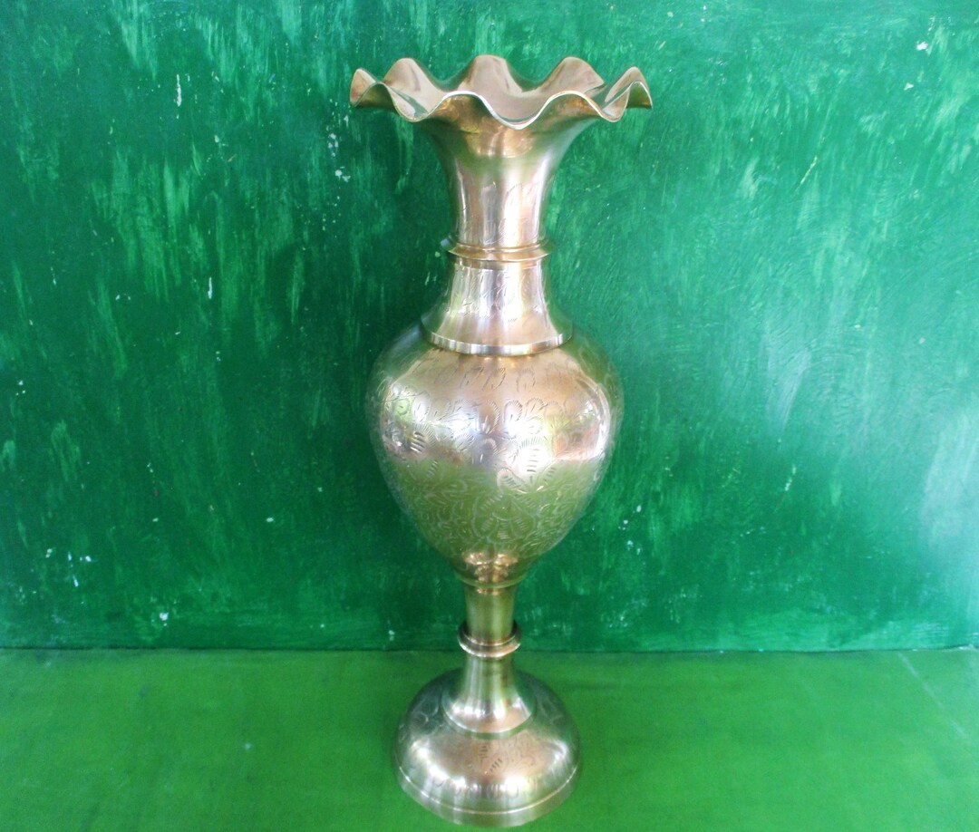 Large 20 T Vintage Brass Vase,large Etched Floral Design,solid Brass