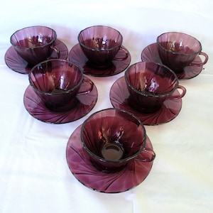 Vintage Purple Coffee Cups with Saucers, 6 oz Tea Cups,Set of 6 Tempered Glass , Made in France by DURALEX for Bormioli Rococ