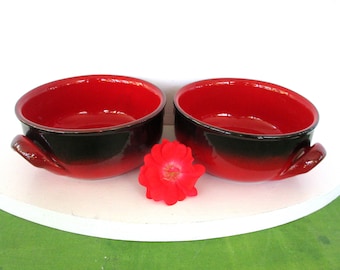 Vintage 2 Terracotta 14 oz Soup Bowls,Red Glazed Terracotta Bowls with Handles,Made in Italy by DE SILVA