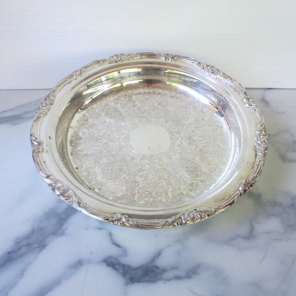 Vintage Round Silver plated 12"D Serving Tray, Footed Silver Plated Tray with  Etched Floral Pattern