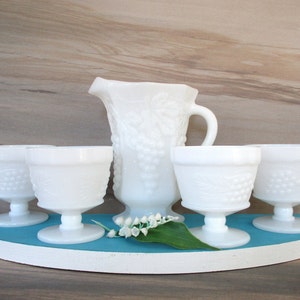 Milk Glass Pitcher and 4 Goblets,Small 16 oz Juice Pitcher with Drinking Glasses