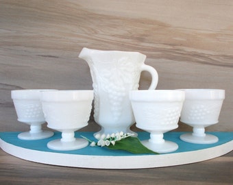 Milk Glass Pitcher and 4 Goblets,Small 16 oz Juice Pitcher with Drinking Glasses