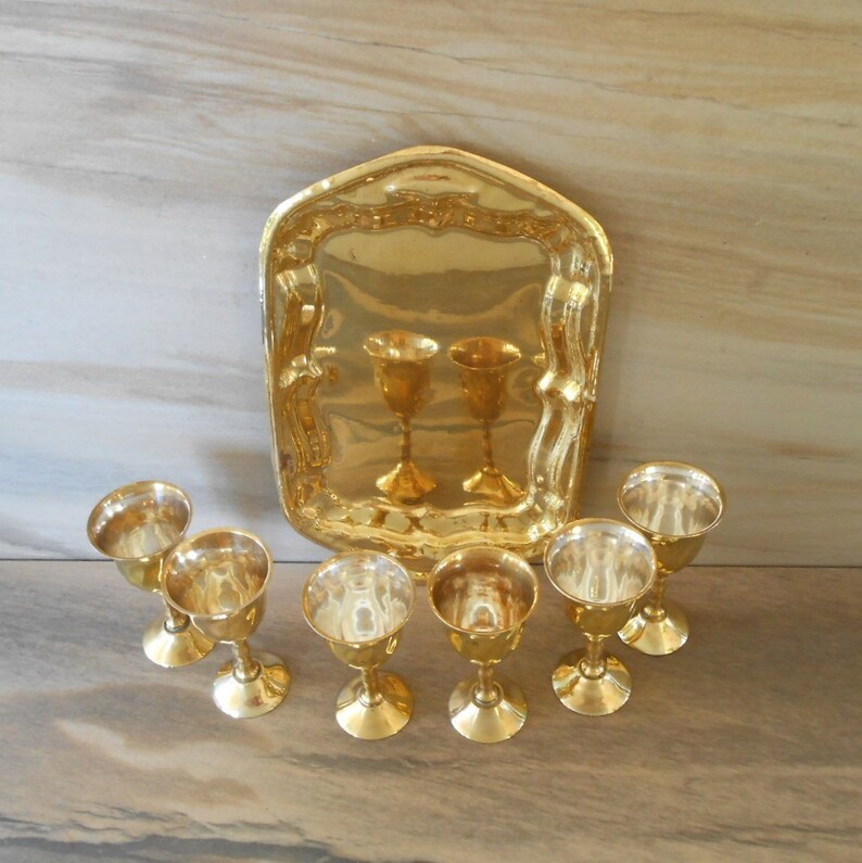 Vintage Brass Shot Glasses and Tray6 Brass Stemmed Cordials Etsy