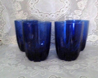 Vintage set of 4 Anchor Hocking Cobalt Blue Beverages Glasses,10 oz Water,Juice Glasses,Round base,