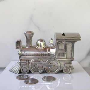 Silver Polished Metal Locomotive Coin Bank, Money Piggy Bank Gift for Children