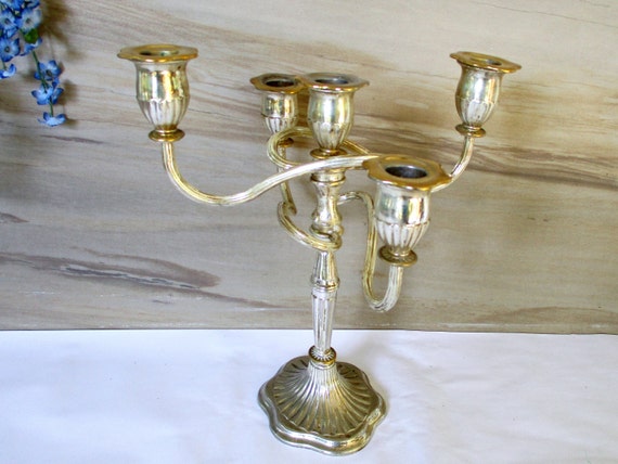 Chandelier 4 Bras 5 Bougies – Zinc Et Métal Argenté – E.P – Déco Vintage