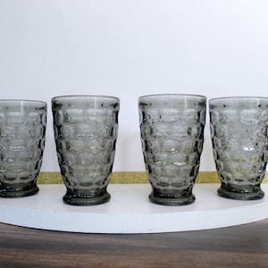 Vintage set of 4 smoke black glass 8 oz beverages glasses,4.75&quot; thumbprint pattern water glasses,Federal Glass