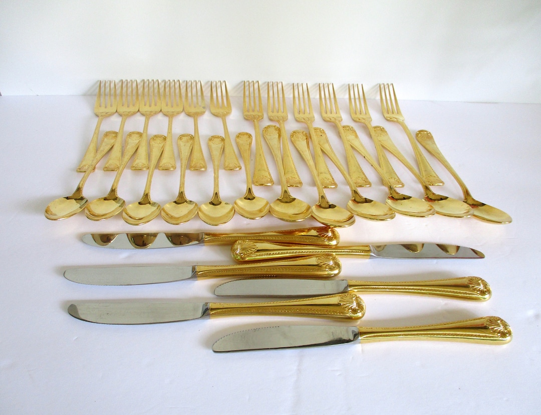 Vintage Set of 30 Flatware,gold Plated Dinner Spoons and Forks,knives