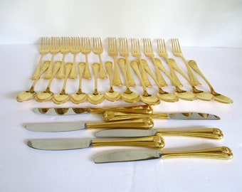 Vintage set of 30 Flatware,Gold plated Dinner Spoons and Forks,Knives,Dessert Spoons,Cake Forks,Made in JAPAN