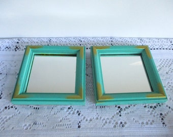 Vintage 2 square wall mirrors,Wooden,green with gold tone,small mirrors,/5.25"F,3.5"mirror glass/