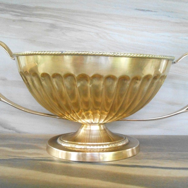 Vintage Oval Brass Large Pedestal Bowl,Heavy Brass Elegant, Decorative Planter,Handled Bowl,/17" L/