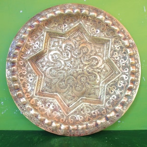 Vintage Islamic Art Tray,13&quot; D Platter ,A Crescent Moons in 8 Octagram Star,Large Heavy Brass Tray,