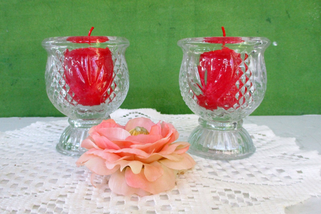 Vintage Glass Candle Holders ,2 Side Candlesticks, Clear Glass Candle