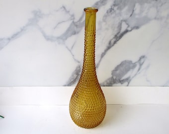 Vintage amber glass bottle vase, Diamond cut 15.25&quot; H long neck decanter