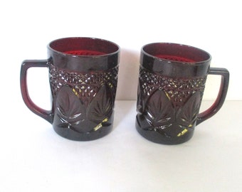 Vintage Red Ruby Glass Mugs, Cristal D'Arques Durand, France
