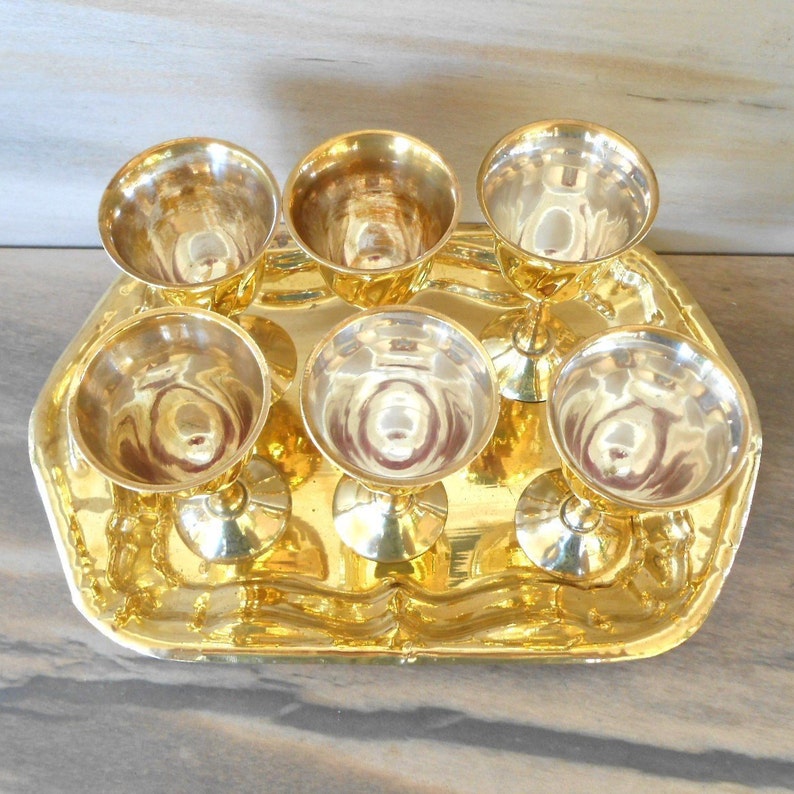 Vintage Brass Shot Glasses and Tray6 Brass Stemmed Cordials Etsy