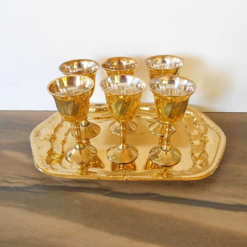 Vintage Brass Shot Glasses and Tray6 Brass Stemmed Cordials Etsy